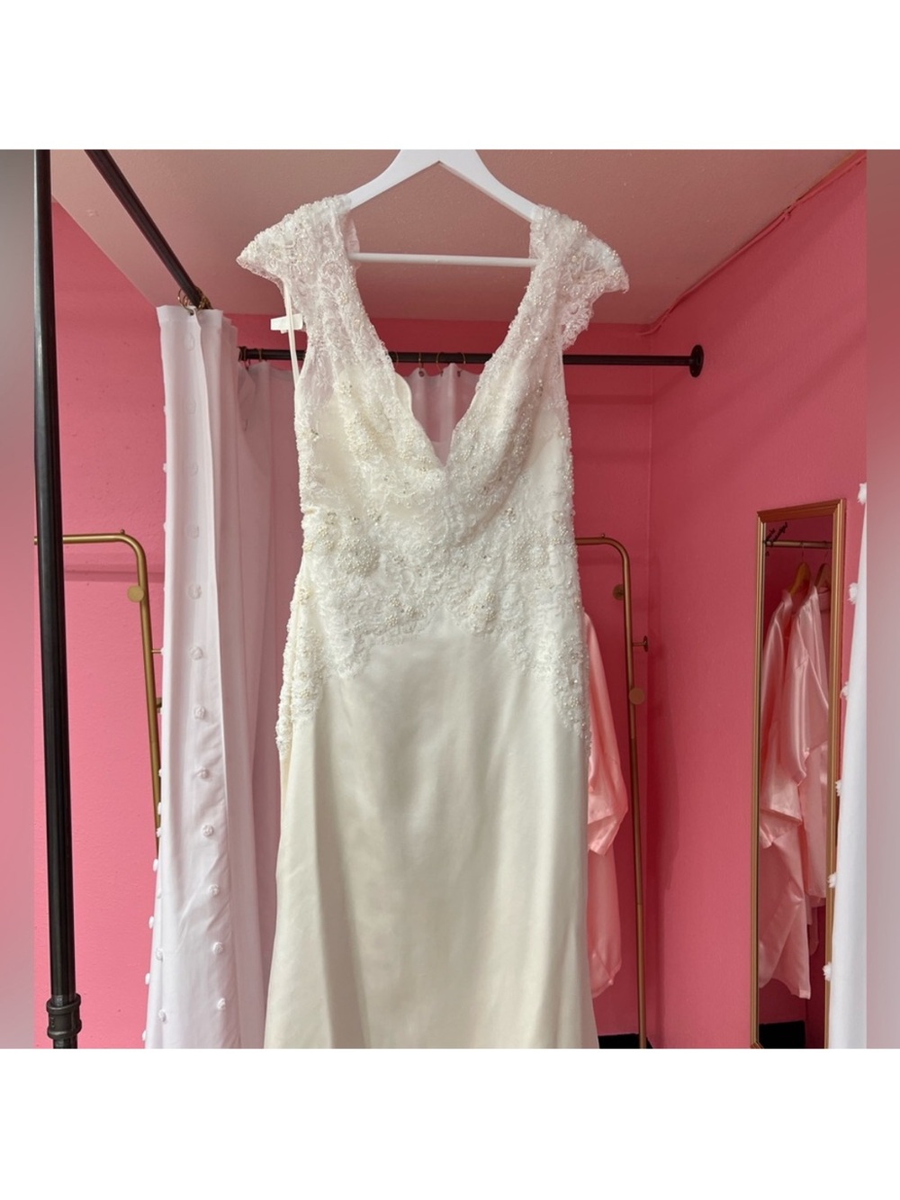 Lazaro Ivory Satin Mermaid Wedding Dress with Beaded Lace Bodice - Picture 6 of 17